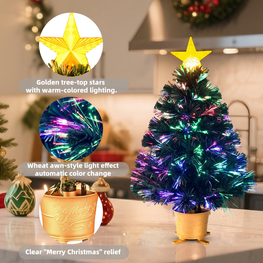 YUETJIN 24inch Pre-Lit Mini Fiber Optic Tabletop Artificial Christmas Tree，Small Xmas Tree with Golden Stars Decorations