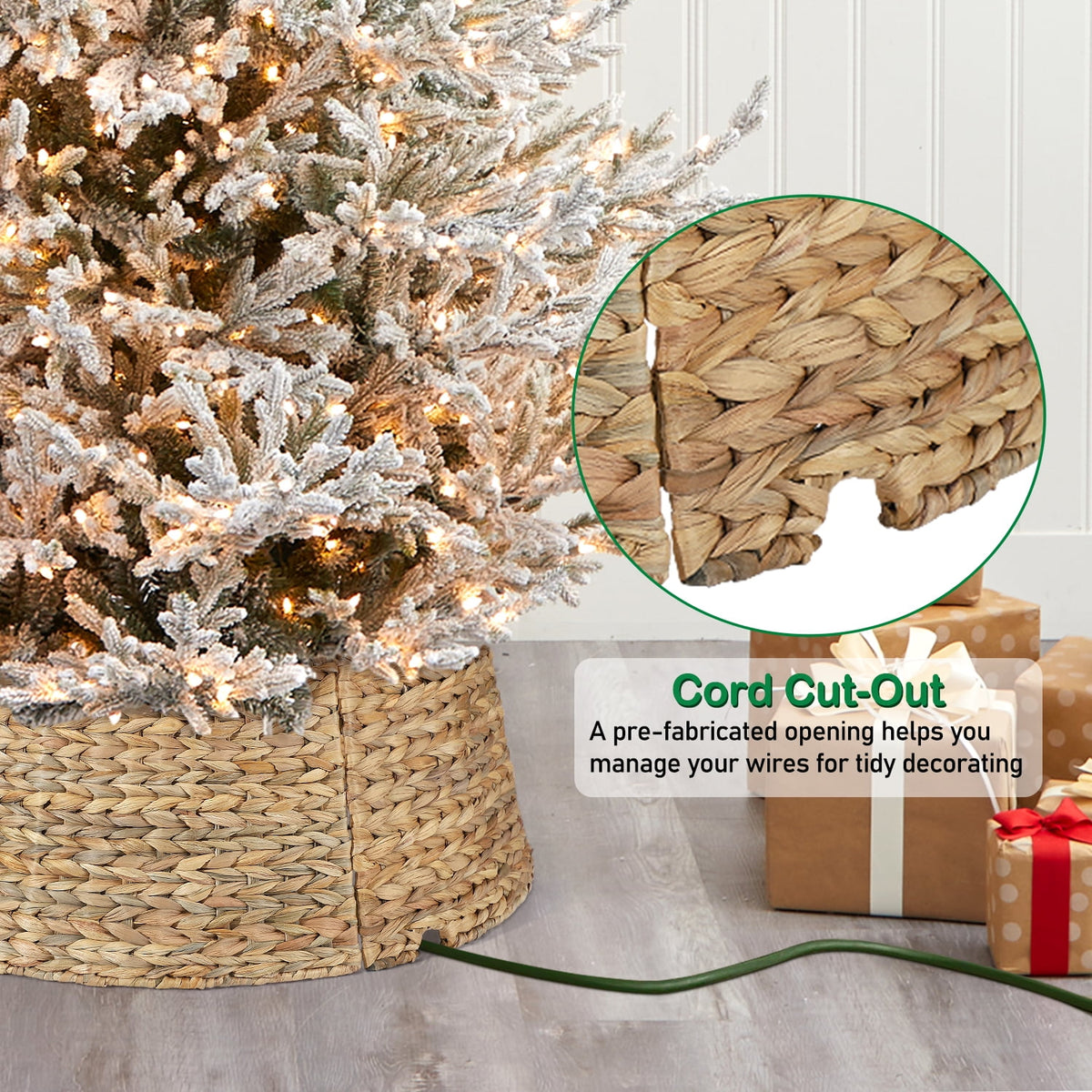 Ayieyill 26in Woven Hyacinth Christmas Tree Collar, Christmas Tree Decorations, Tree Skirt Accessory w/ Cord Cut-Out | Natural