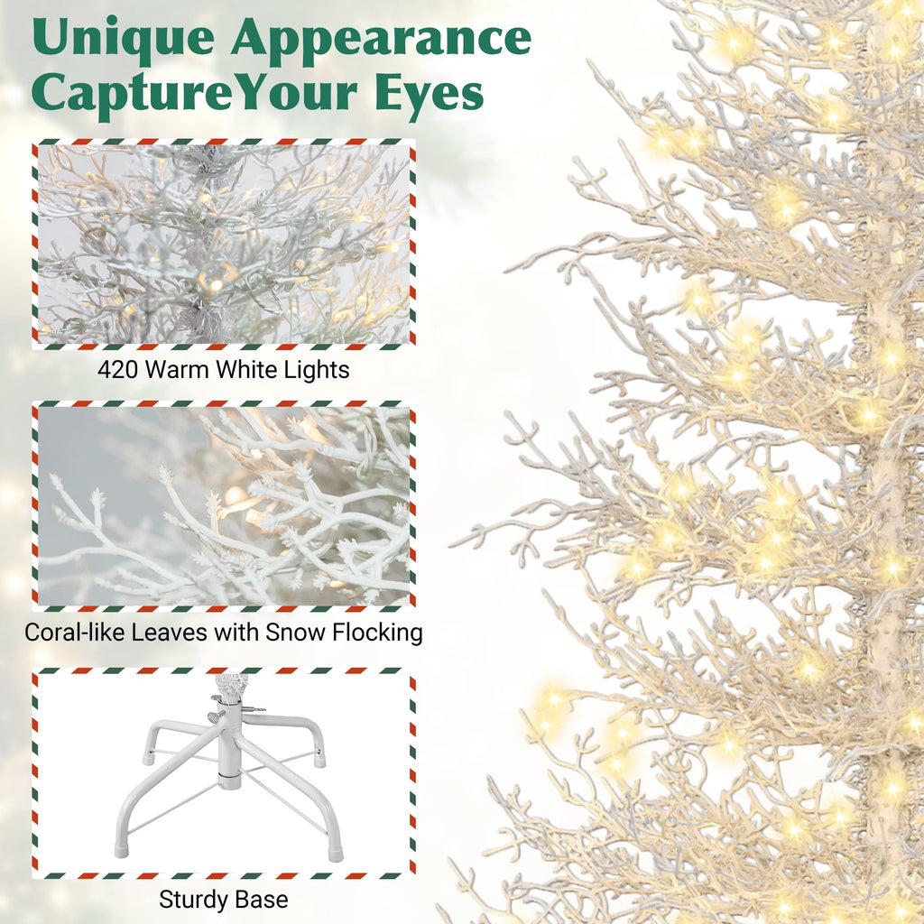 4FT Pre-lit Aspen Fir Artificial Christmas Tree, UHOMEPRO Hinged Xmas Tree 280 Snow Flocked Branch Tips, 230 Warm White LED Lights, Holiday Coral Christmas Tree for Home Party