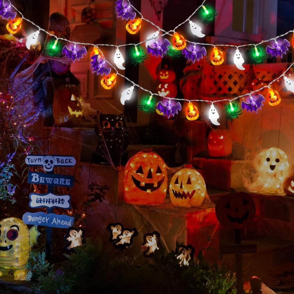 Katinyos Halloween Lights Decor,16 FT 40 LED 3D Pumpkin Bat Ghost Battery Operated String Lights with 8 Lighting Modes