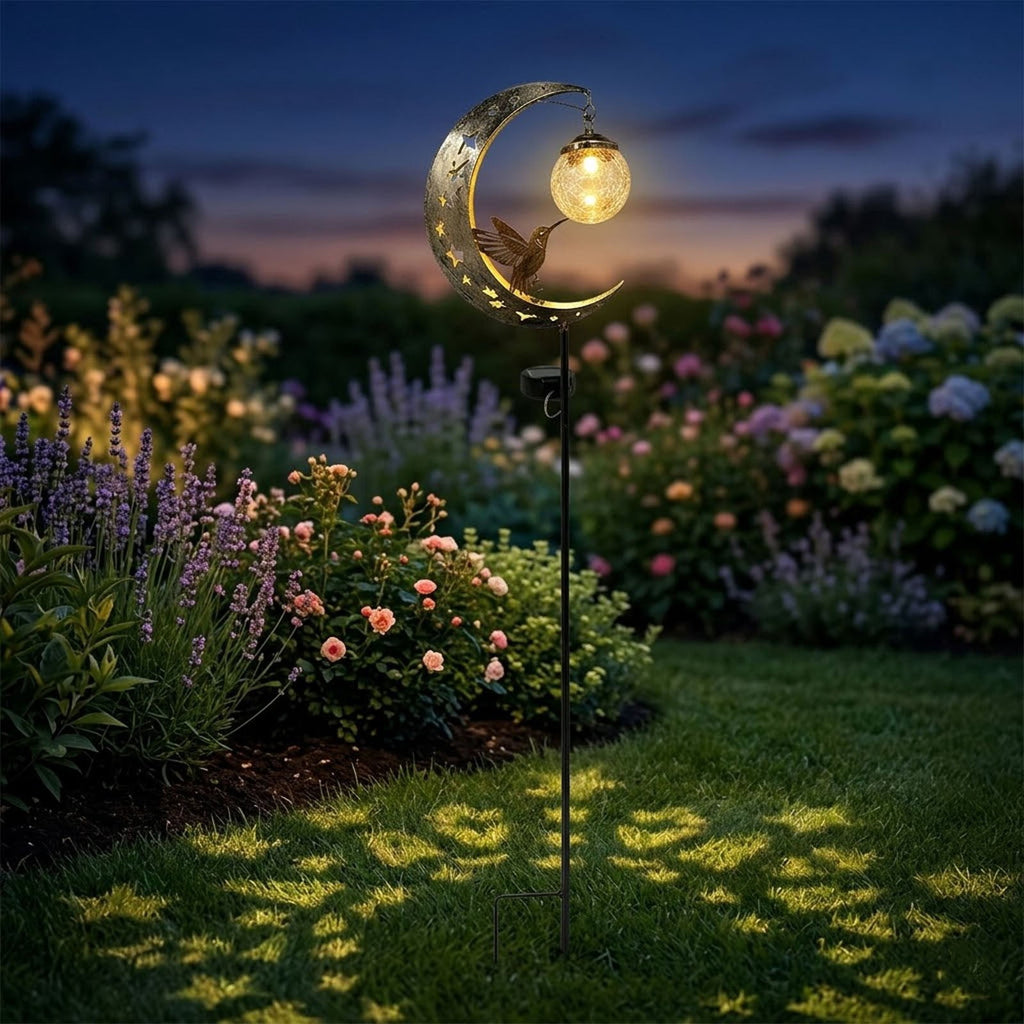 Hummingbird Moon Solar Garden Stake Light Half Moon LED Pathway Decor Crackle Hanging Glass Globe Ball Metal Crescent for Outside Yard Lawn Decor
