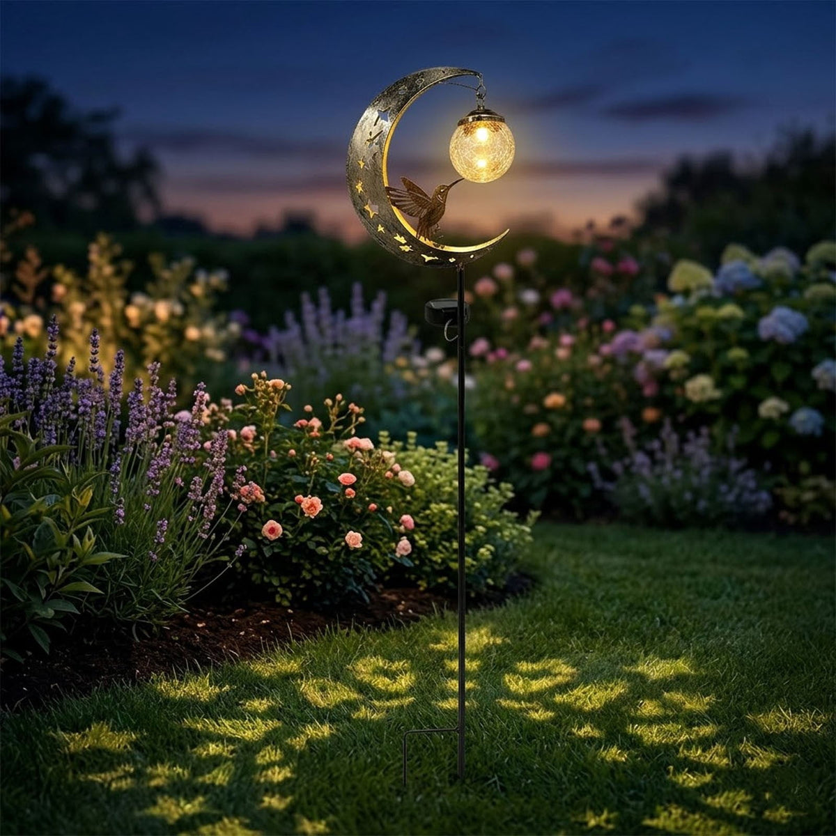 Hummingbird Moon Solar Garden Stake Light Half Moon LED Pathway Decor Crackle Hanging Glass Globe Ball Metal Crescent for Outside Yard Lawn Decor