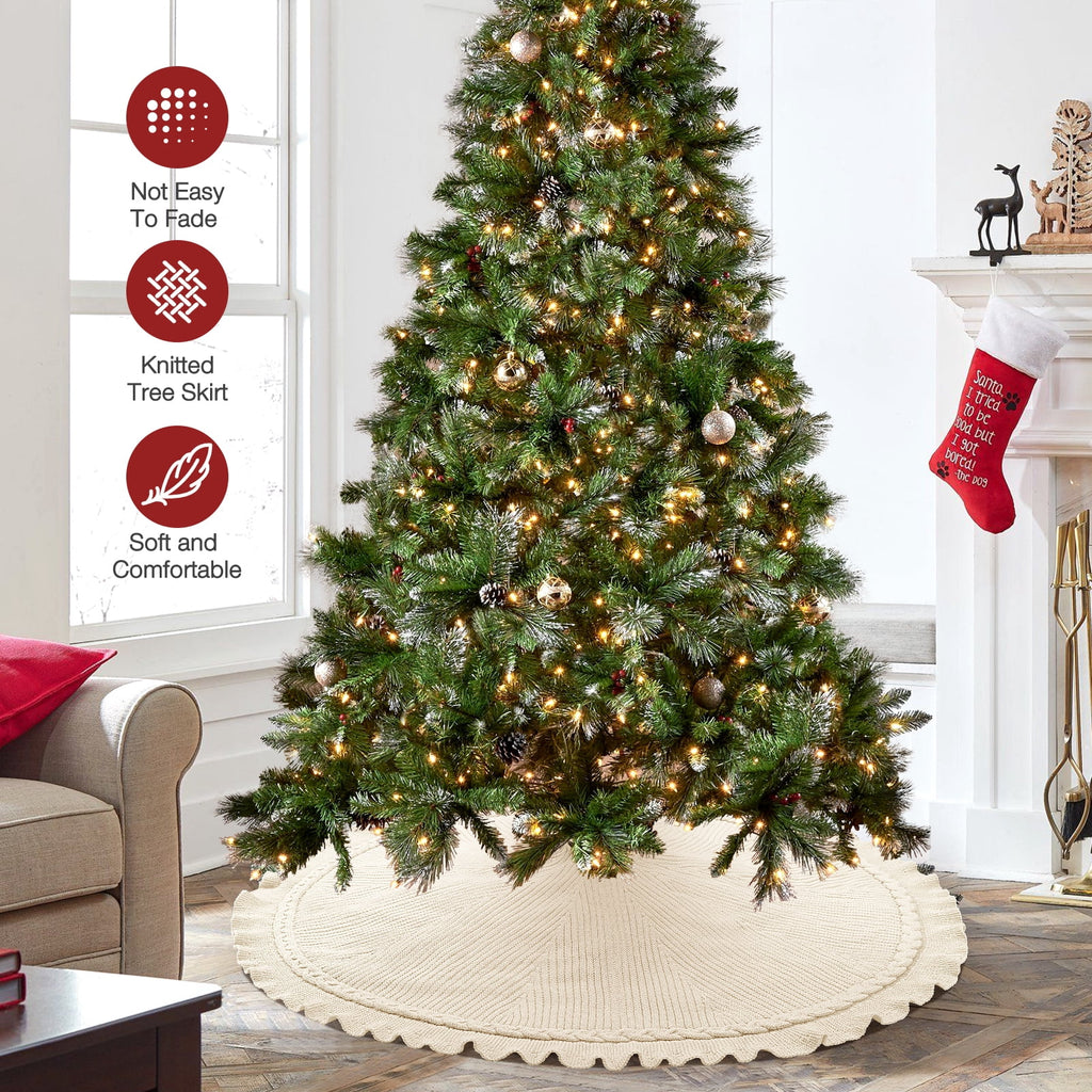 Ayieyill Christmas Tree Skirt, 48 inches Cable Knit Knitted Thick Rustic Xmas Tree Skirts Decoration, Red Tree Skirt Christmas Decoration, Burgundy
