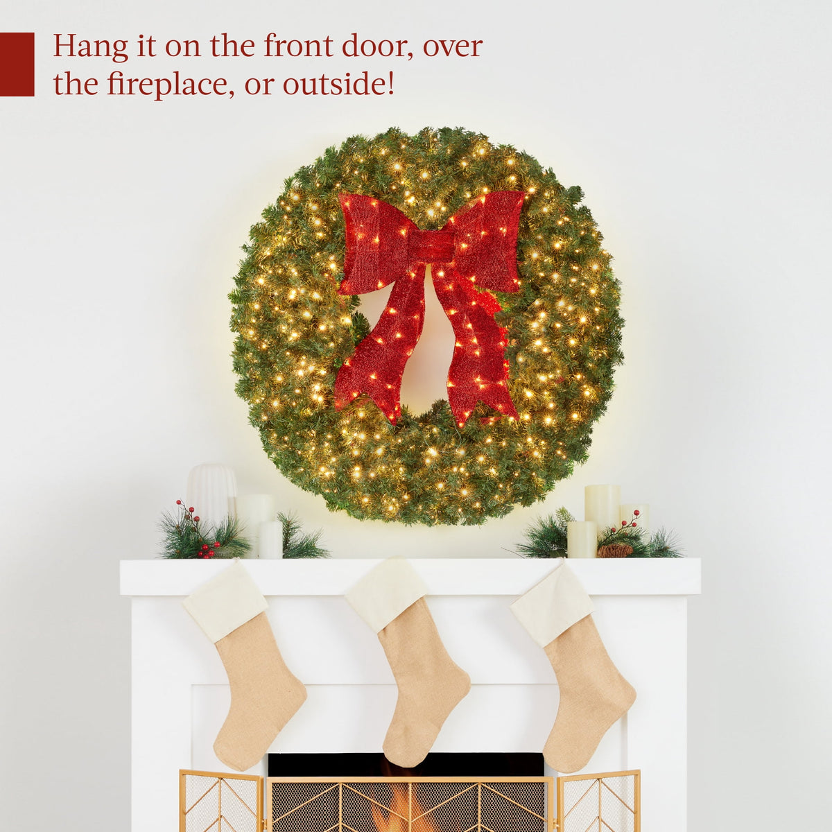 Best Choice Products 48in Artificial Pre-Lit Fir Christmas Wreath Decor w/ Red Bow, 250 LED Lights, 714 Tips, Plug-In