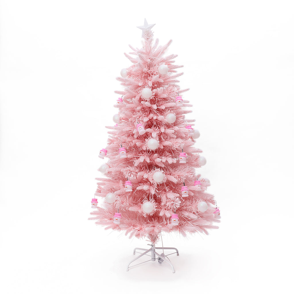 LuxenHome 5Ft Pink Cherry Blossom Christmas Tree with Fiber Optic Lights & Snowman Star Topper