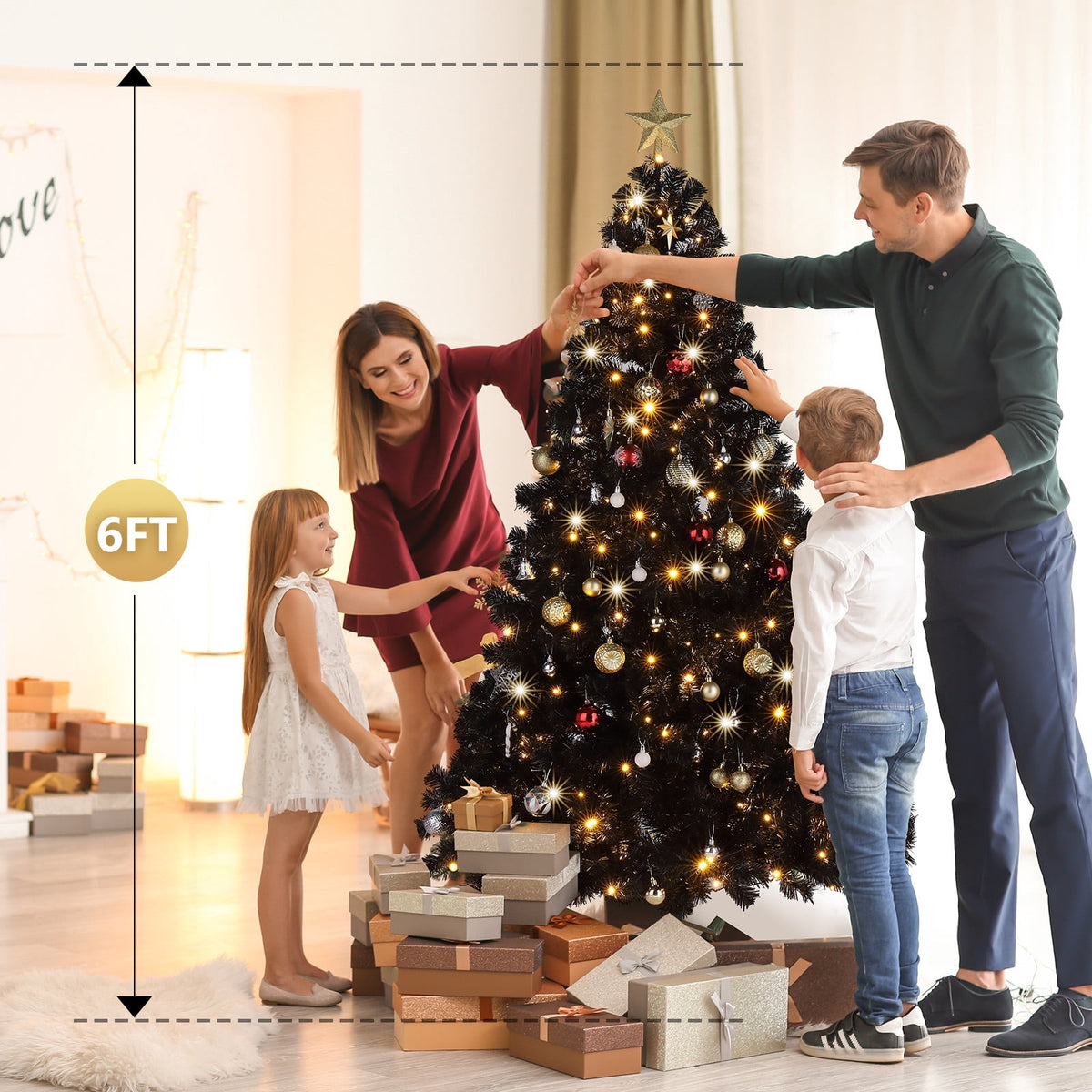 Ktaxon Black Christmas Tree 6ft Artificial Xmas Tree with 250 LEDs,Indoor Holidays Decoration,8 Modes
