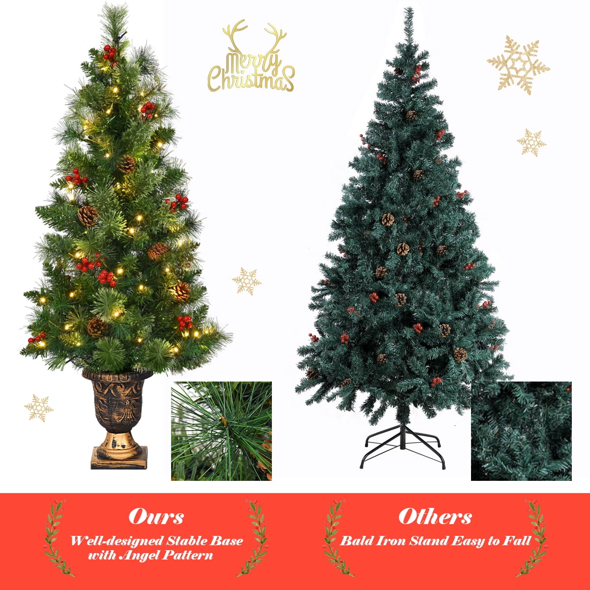 Costway 4ft Pre-Lit Christmas Entrance Tree In Urn w/ 60 LED Light Red Berries Pine Cone
