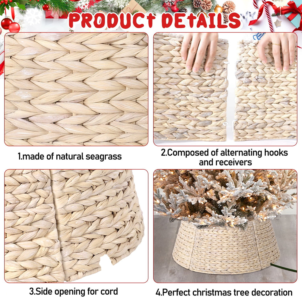 Ayieyill 26in Woven Hyacinth Christmas Tree Collar, Christmas Tree Decorations, Tree Skirt Accessory w/ Cord Cut-Out | Natural