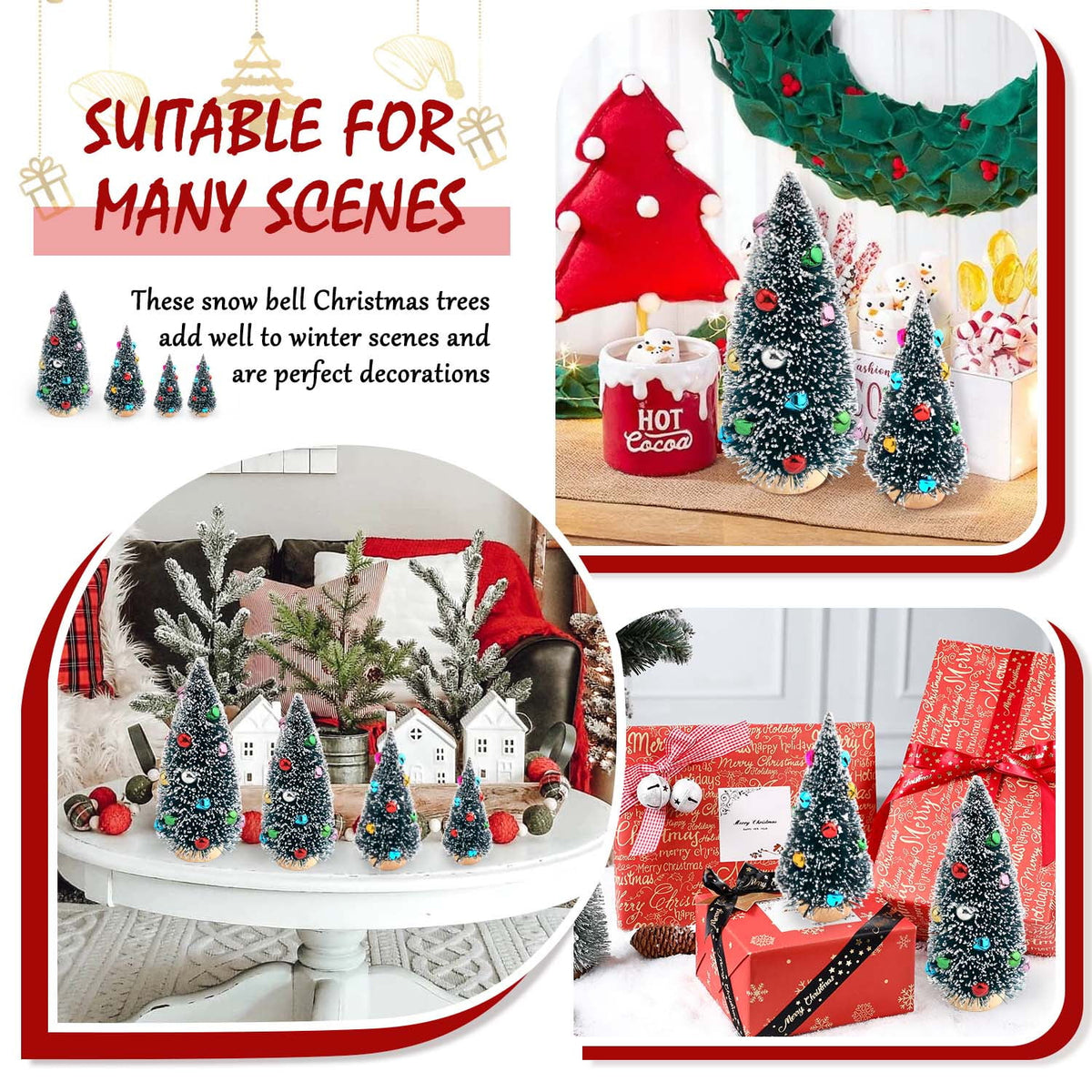Ayieyill 9Pcs Mini Christmas Trees Christmas Decor Artificial Christmas Decorations with 4 Sizes, Christmas Tree Bottle Brush Trees Christmas Table Decorations (Pink+White)