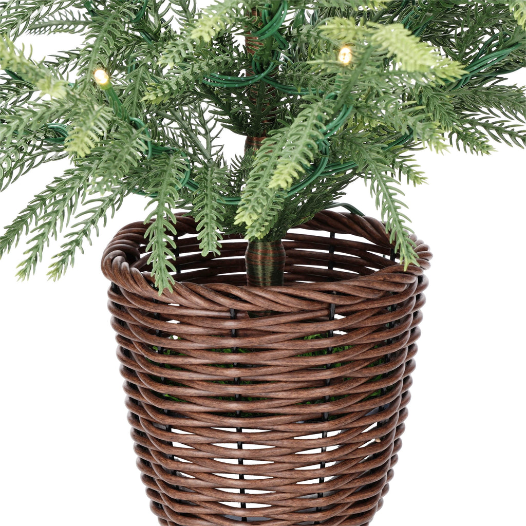 My Texas House 2' Small Pre-Lit Norfolk Pine Green Artificial Christmas Tree with 30 Warm White Twinkle LED Lights in Woven Basket