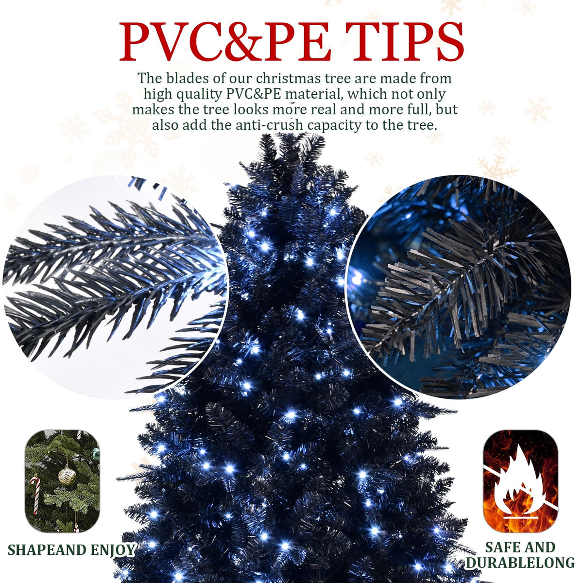 Maylaviu 7FT Gothic Black Christmas Tree, 450 Cold White Lights, 1916 Full Tips, Halloween & Holiday Party Decor, Sturdy Metal Stand