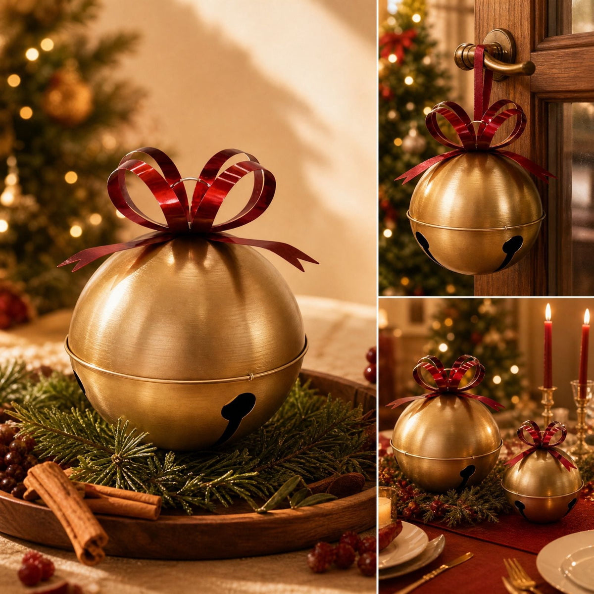 Luckky Oversized Gold Christmas Jingle Bell Ornament with Red Bow, Large Metal Sleigh Bell Decor, Giant Decorative Bell for Porch, Yard, Indoor Outdoor Christmas Holiday Display, Set Of 2