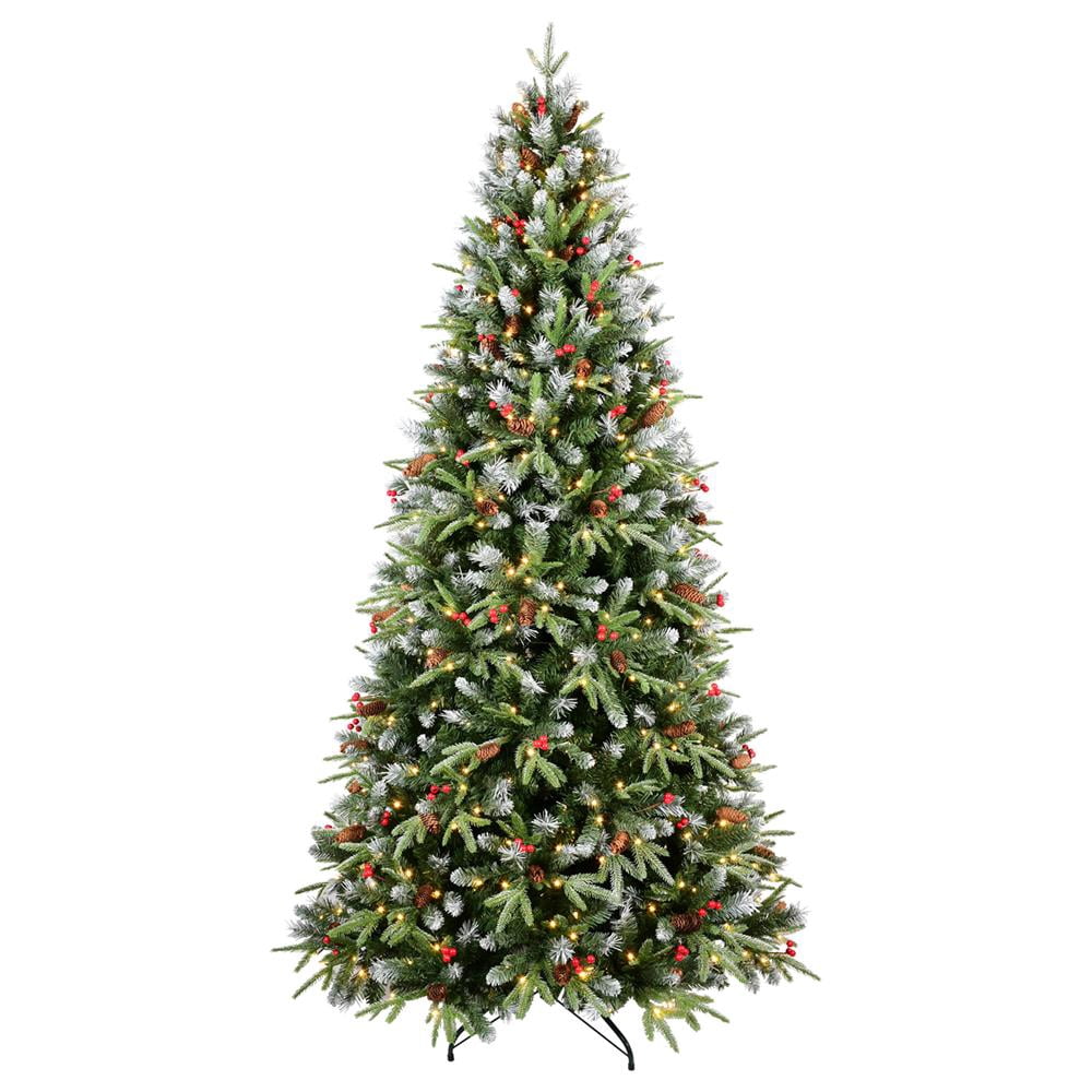 Topcobe Premium Artificial 7ft Green LED Christmas Tree, Foldable Base, Mixed Branch Tips, Red Fruits & Pine Cones for Indoor Holiday Decorating