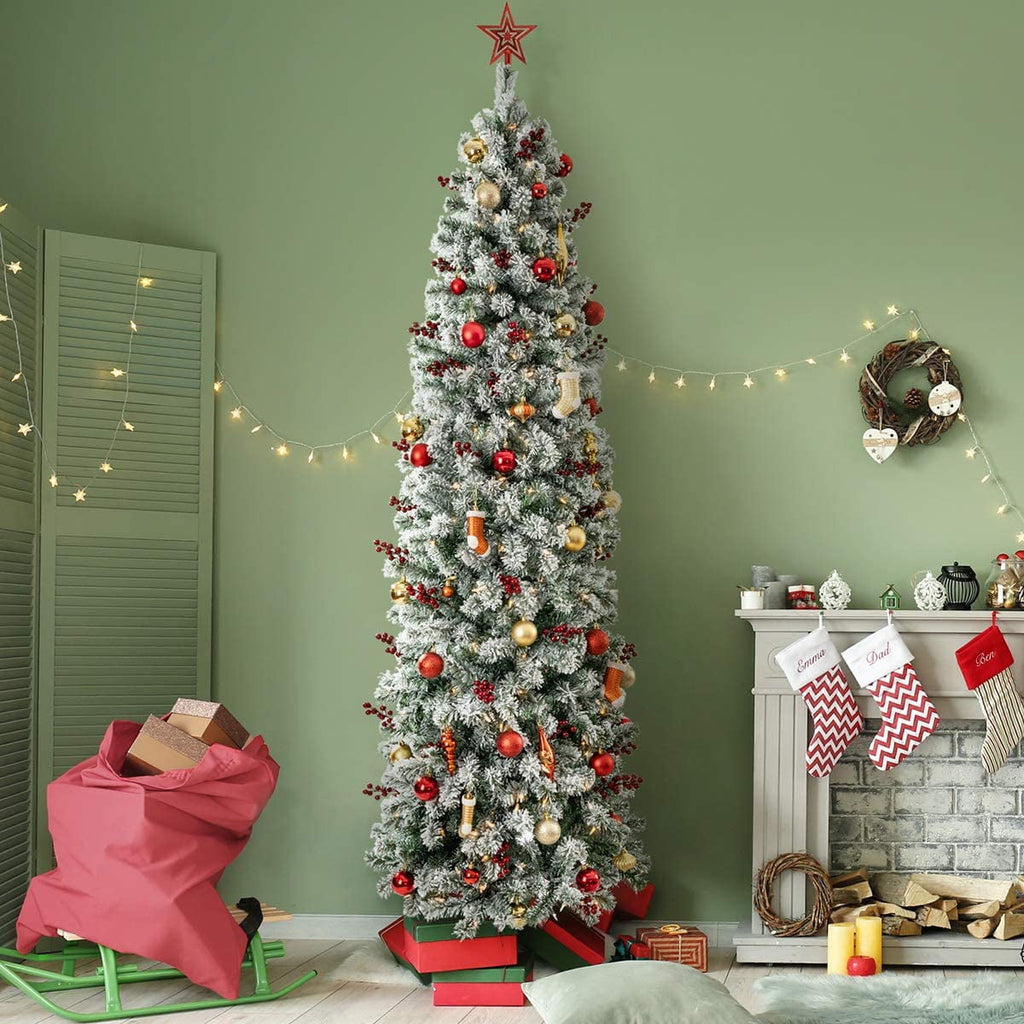 OasisCraft 9ft Pre-Lit Snow Flocked Artificial Pencil Christmas Tree with 450 Clear Lights, Hinged Snowy Slim Xmas Tree Outdoor for Festive Holiday Decor