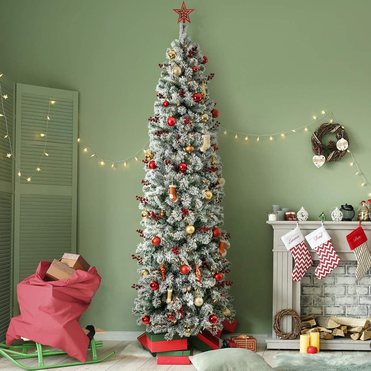 OasisCraft 9ft Pre-Lit Snow Flocked Artificial Pencil Christmas Tree with 450 Clear Lights, Hinged Snowy Slim Xmas Tree Outdoor for Festive Holiday Decor