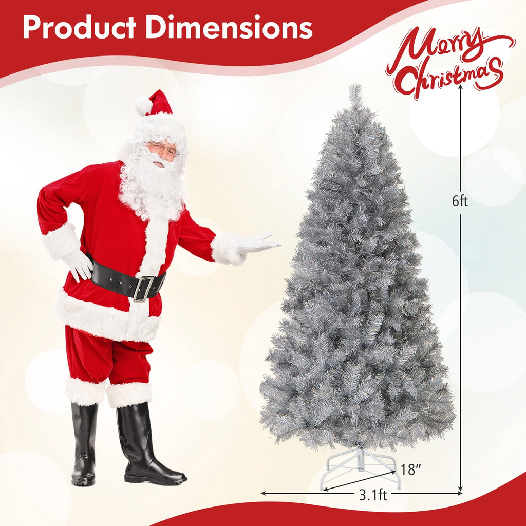 Gymax 7 FT Pre-Lit Artificial Christmas Tree Silver Tinsel Hinged Xmas Tree