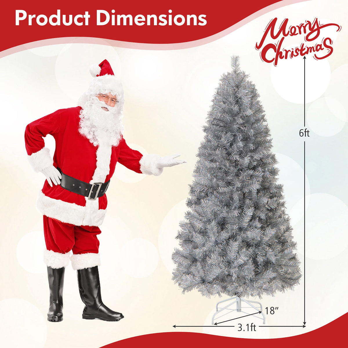 Gymax 7 FT Pre-Lit Artificial Christmas Tree Silver Tinsel Hinged Xmas Tree