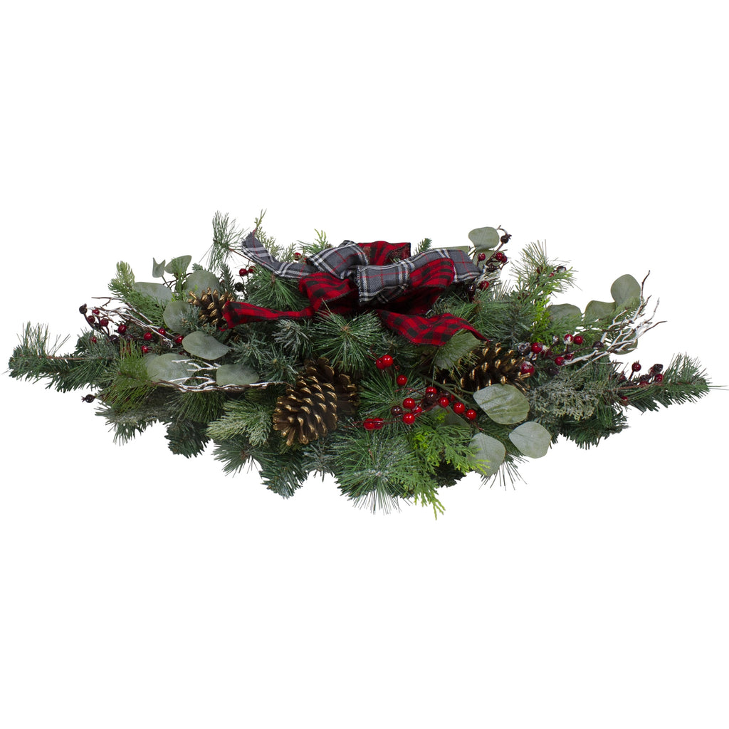 Northlight 336" Buffalo Plaid Christmas Swag with Red Berries, Pine Cones and Flocked Branches –