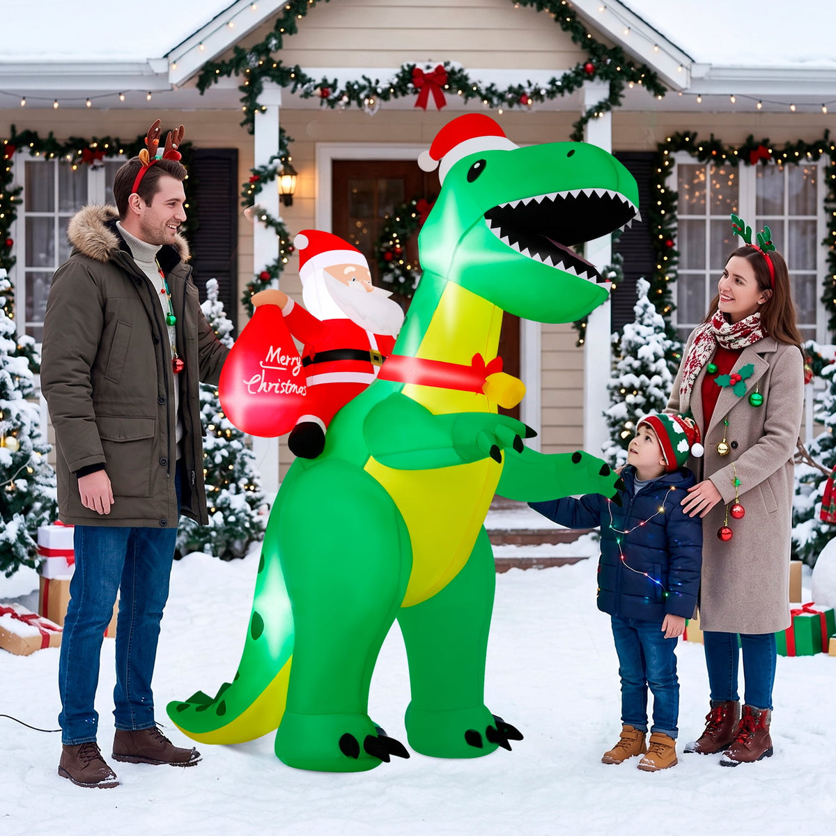 Firstness 6ft High Christmas Inflatables Outdoor Decoration with LED Lights, Christmas Blow ups Santa Claus Dinosaur Xmas Decor for Party Yard Garden Lawn