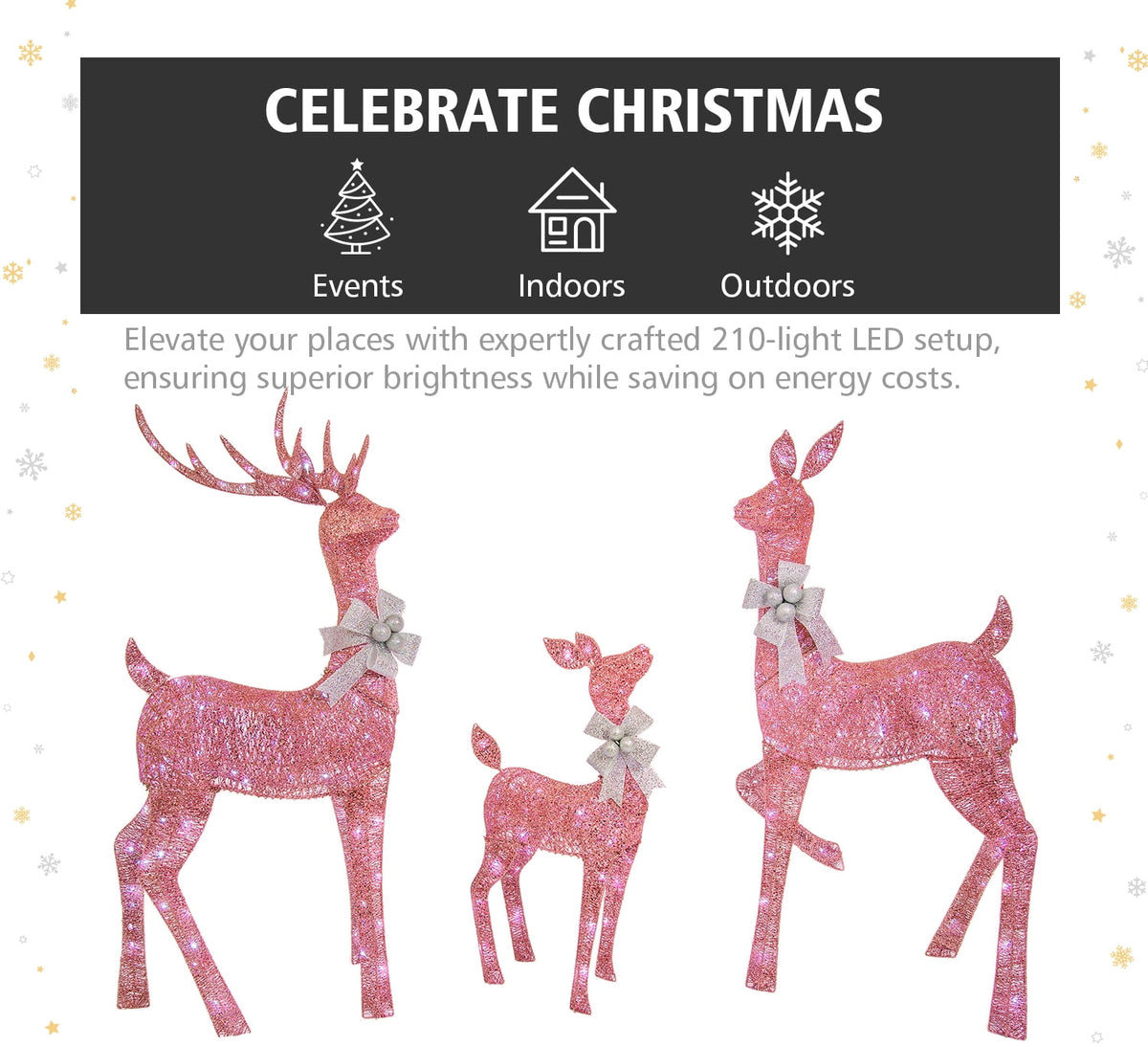 Jingle Joy 5FT Lighted Outdoor Christmas Deer Set – 3-Piece LED Reindeer Family with Twinkling Lights, Weather-Resistant Yard Decor with Stakes - Pink
