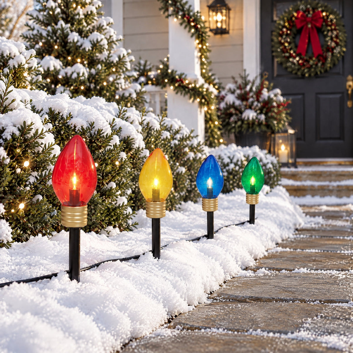 Indoor/Outdoor Jumbo LED C9-Style Christmas Bulb Pathway Lights, Multicolor, Set of 4, by Holiday Time