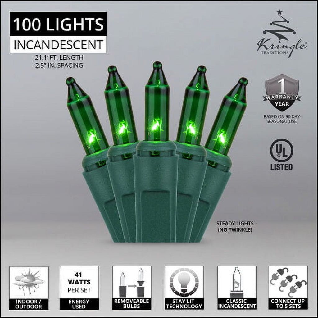 Kringle Traditions 100-Ct Clear White Christmas Lights, Party Wedding Bedroom Lights - 21' Green Wire