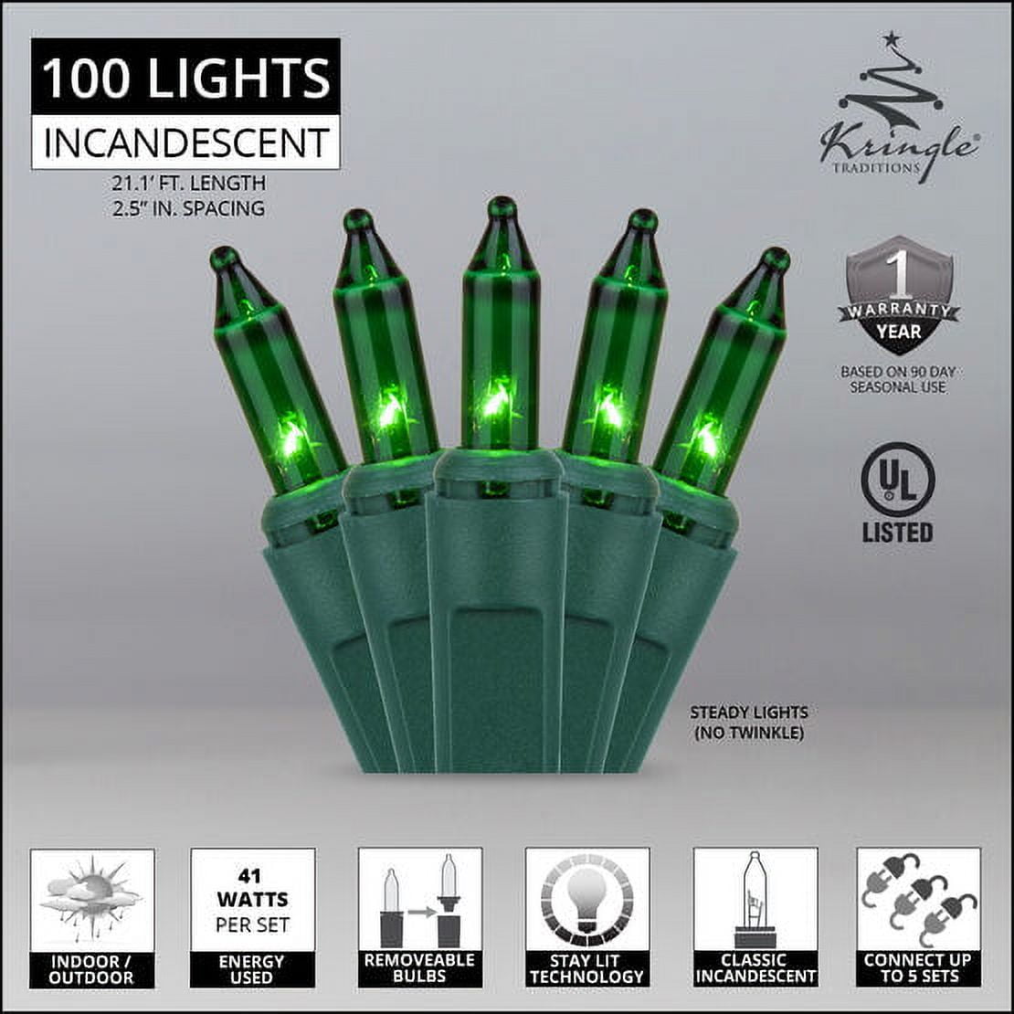 Kringle Traditions 100-Ct Clear White Christmas Lights, Party Wedding Bedroom Lights - 21' Green Wire