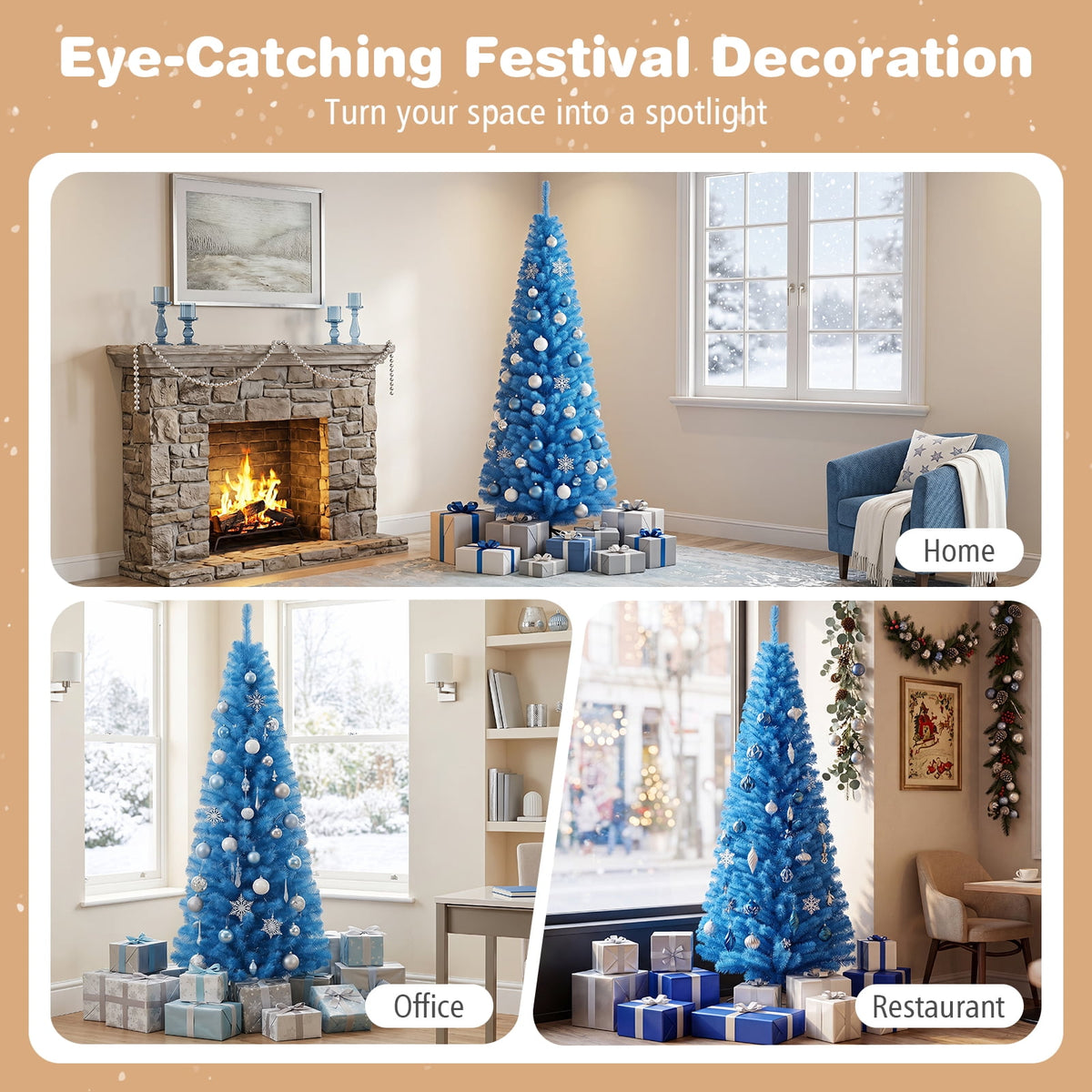 Patiojoy 6FT Blue Tinsel Artificial Pencil Christmas Tree w/ Sturdy Metal Stand Seasonal Holiday Decoration for Home, Party