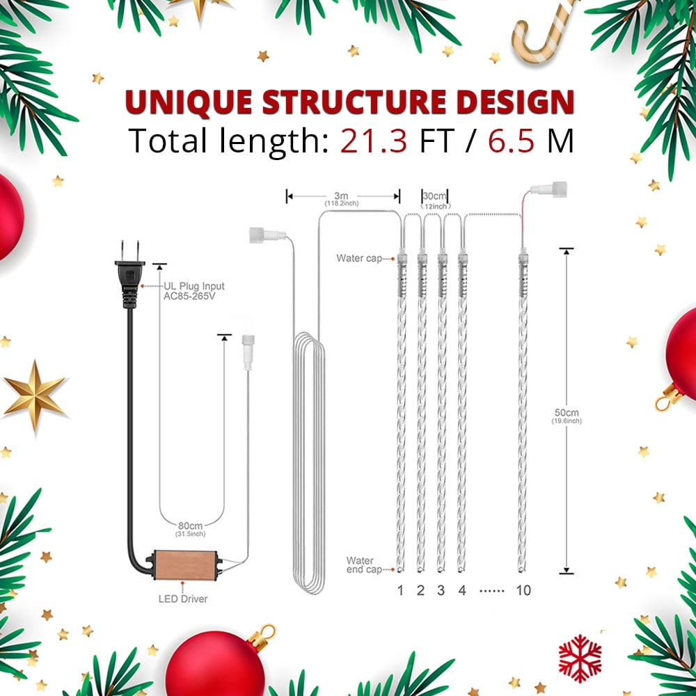Christmas LED Meteor Shower Rain Warm Lights - 540 LEDs 10 Tubes, 20 Inch Drop/Icicle Snow Falling Raindrop Waterproof Cascading Lights for Wedding Xmas New Year Party Tree Decoration (Warm Light)