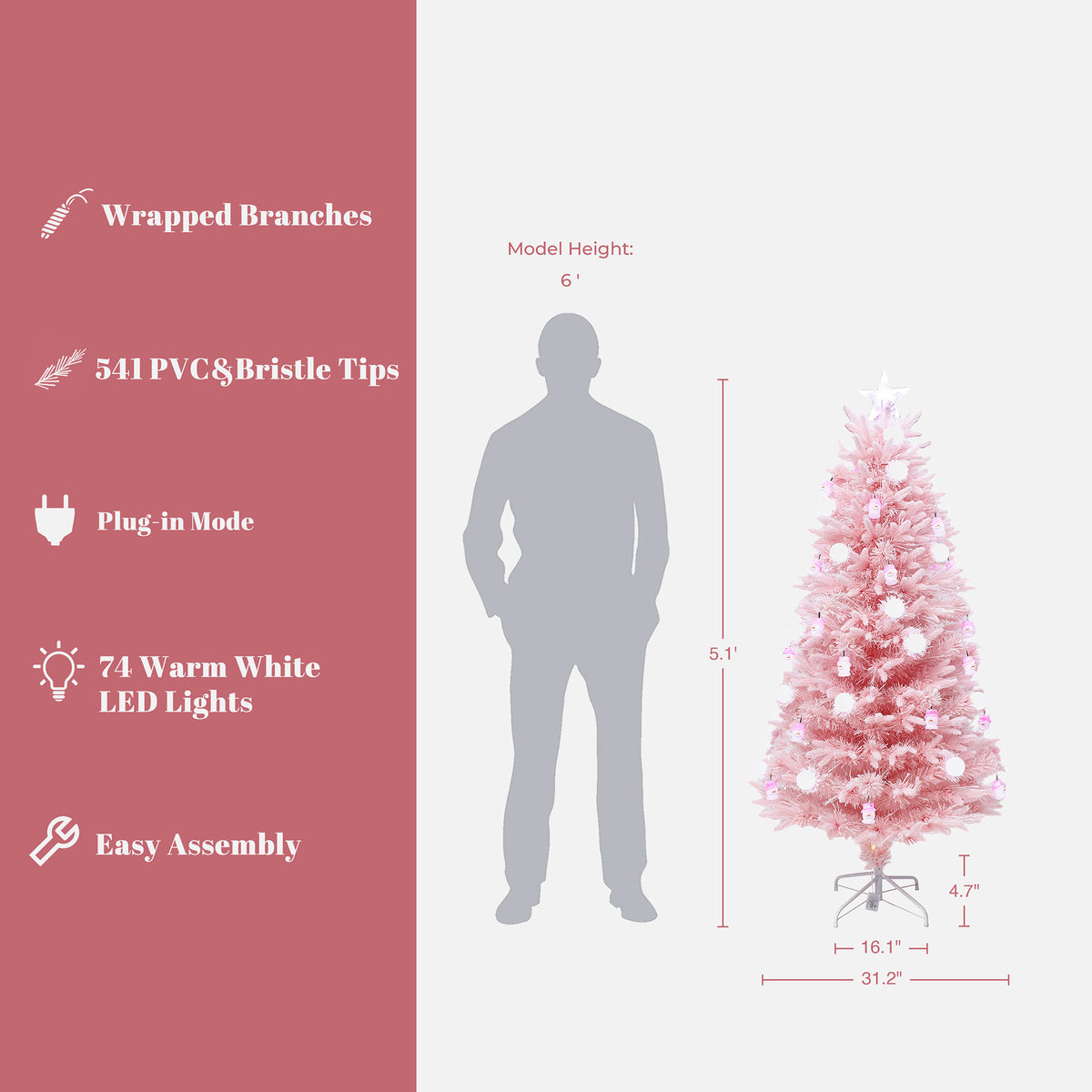 LuxenHome 5Ft Pink Cherry Blossom Christmas Tree with Fiber Optic Lights & Snowman Star Topper