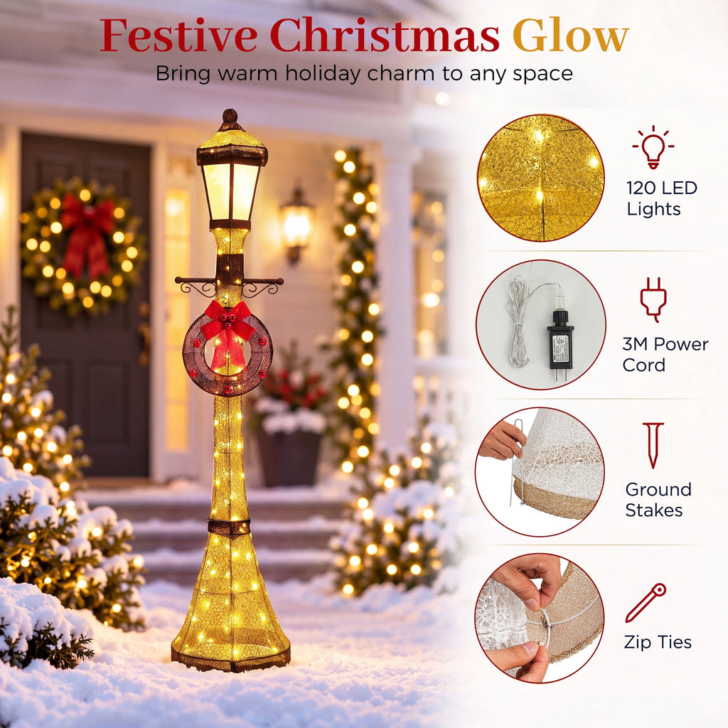 FOOWIN 6FT Christmas Lamppost Set of 2, Outdoor Christmas Lamp Post Decoration with 120 LED Lights, Holiday Porch Lamp Post Decor, Gold