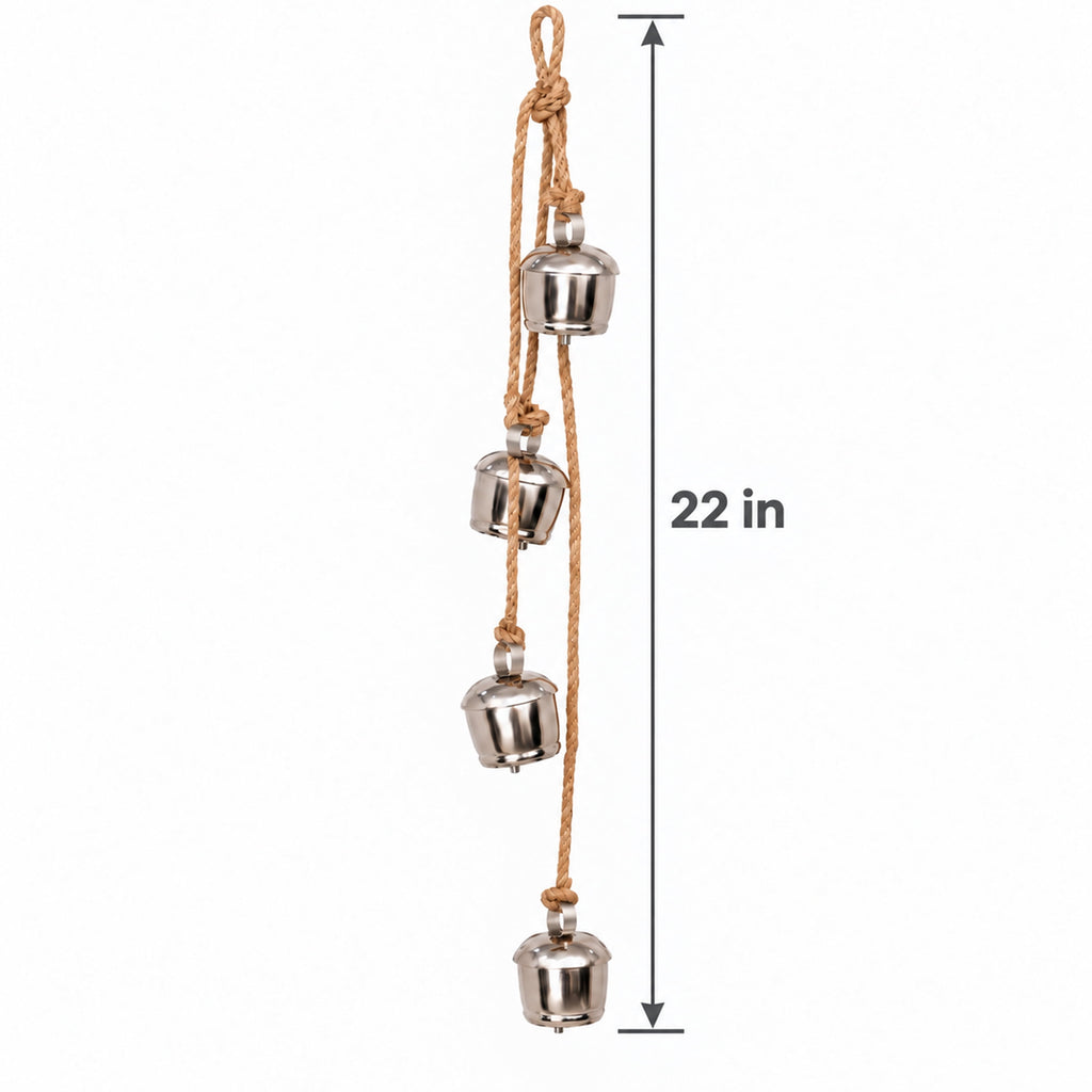 My Texas House 4-Piece Metal Hanging Bells, Silver Finish with Jute