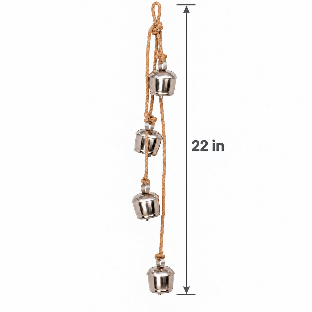 My Texas House 4-Piece Metal Hanging Bells, Silver Finish with Jute