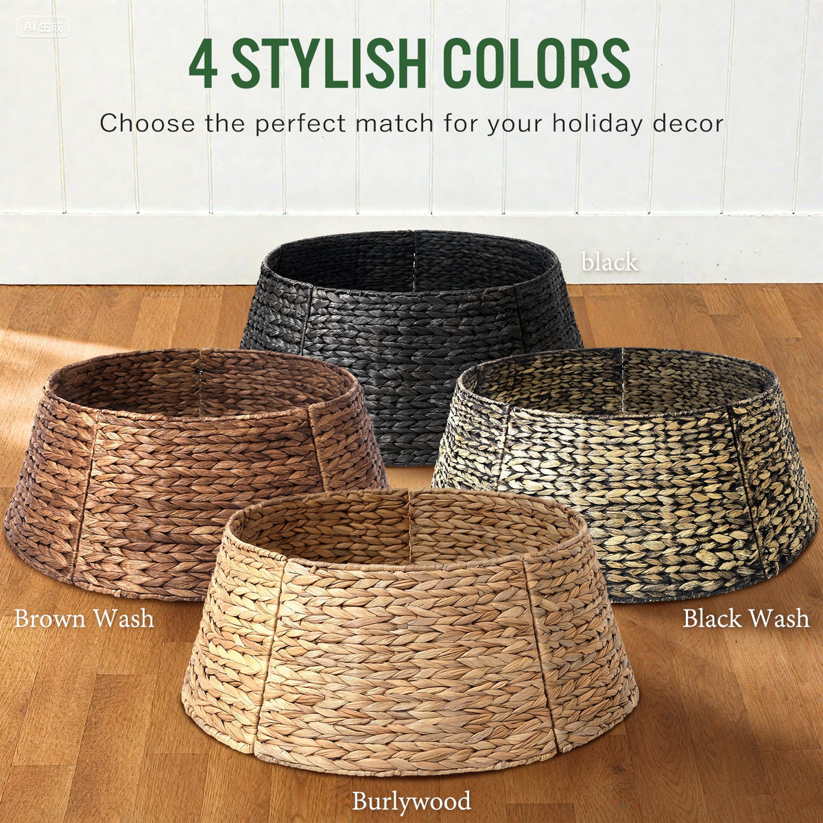 Ayieyill 26in Woven Hyacinth Christmas Tree Collar, Christmas Tree Decorations, Tree Skirt Accessory w/ Cord Cut-Out | Black