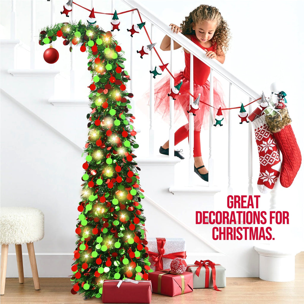 Ayieyill 5ft Pencil Christmas Tree, Collapsible Xmas Tree with Lights, Pop Up Tinsel Tree for Christmas Decorations Indoor, Pink White