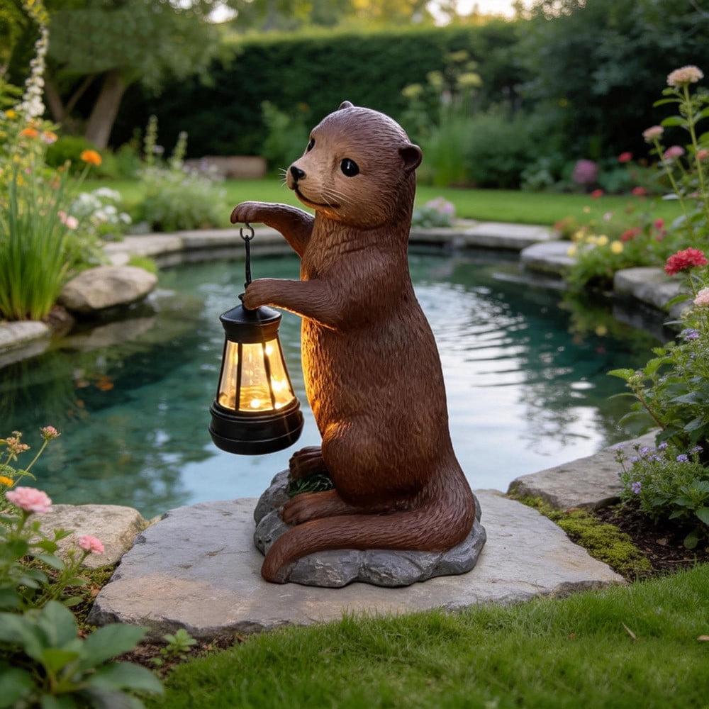 Solar Powered Resin Otters Lantern IP44 Waterproof Outdoor Decorative Light Warm Ambient Lighting Auto On/Off Handcrafted Statue for Garden Patio Yard Lawn Pathway Holiday Gift for Plant Lovers