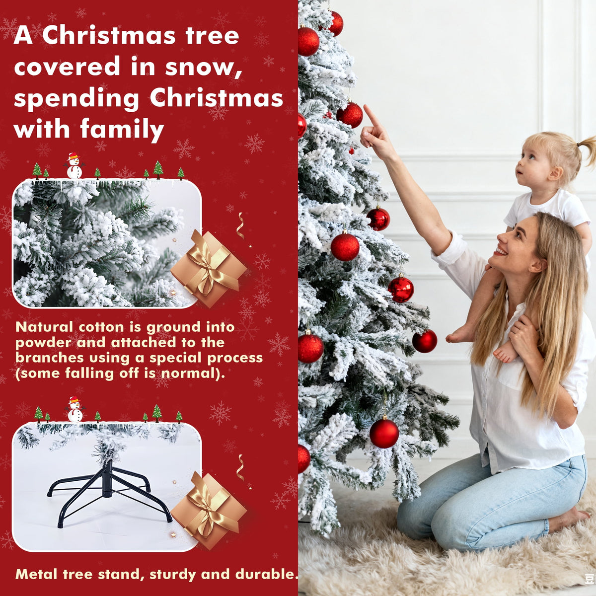 DAYBETTER 6ft Artificial Christmas Tree, Snow Flocked Christmas Pine Tree, with 210 Warm White Lights, 627 White Tips Branch, Includes Metal Stand for Xmas Holiday, Indoor and Outdoor Decor