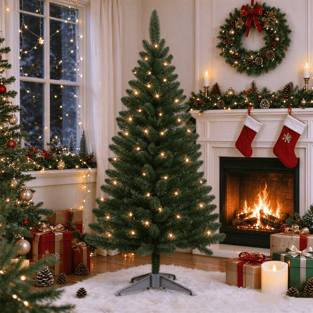 Cowin 4ft Artificial Christmas Tree,Pre-lit Tinsel Pine Spruce Tree, Small Xmas Tree for Home, Office and Party,White