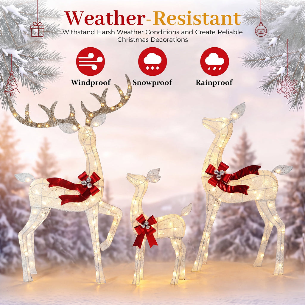 FOOWIN 3-Piece Large Christmas Deer Family, Lighted Outdoor Christmas Decoration, Champagne Gold