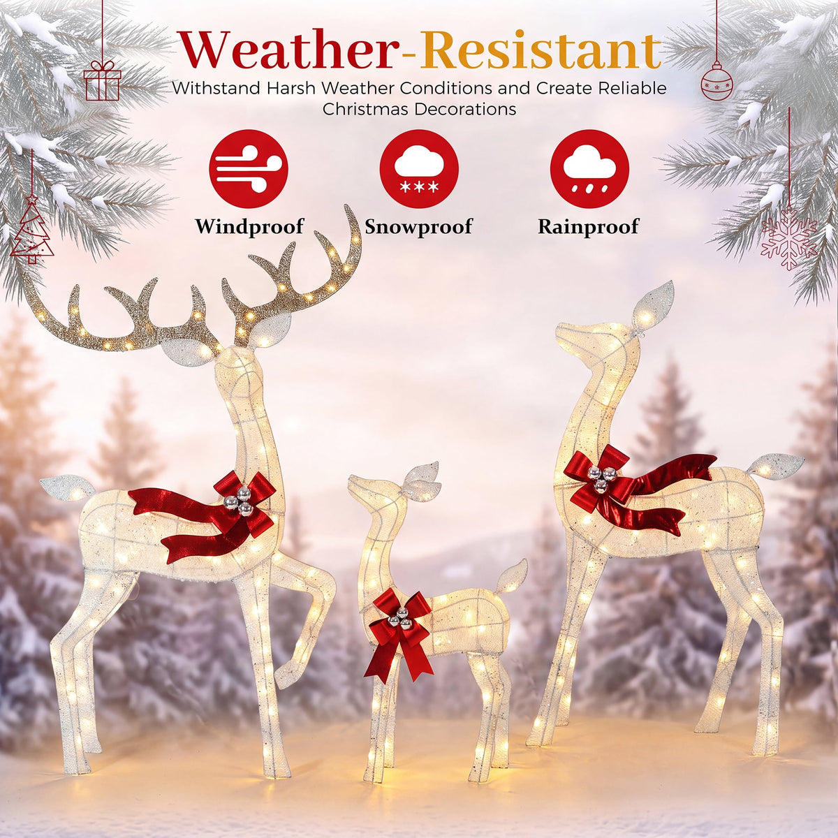 FOOWIN 3-Piece Large Christmas Deer Family, Lighted Outdoor Christmas Decoration, Champagne Gold