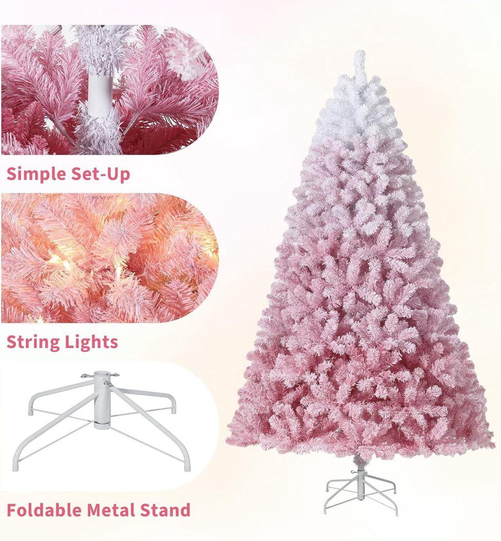 4.5/6/7.5/9 ft Flocked Pencil Christmas Tree with 100 Lights, Pre Lit Tall Skinny Christmas Tree with PVC Branch Tips, Premium Hinged Xmas Tree with Metal Base, Slim Artificial Christmas Tree