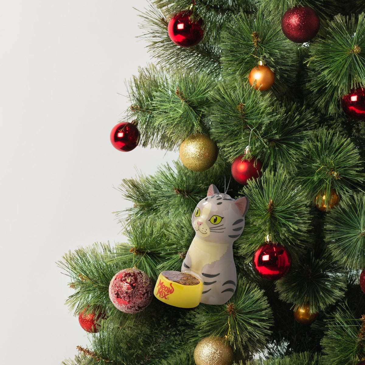 Meow Mix Figural Christmas Tree Ornament - Gray Cat with Food Bowl, Holiday Decoration