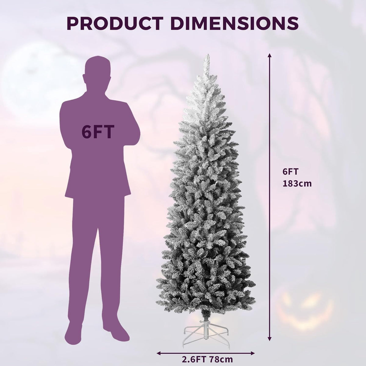 4.5/6/7.5/9 ft Flocked Pencil Christmas Tree with 100 Lights, Pre Lit Tall Skinny Christmas Tree with PVC Branch Tips, Premium Hinged Xmas Tree with Metal Base, Slim Artificial Christmas Tree