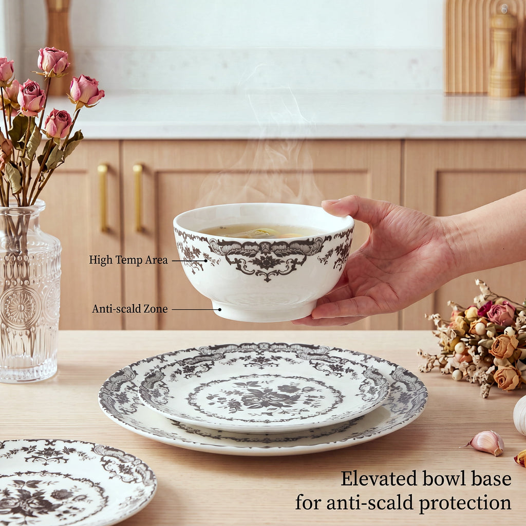 Onader 12 Piece Tableware Set, Rose Floral Dinnerware Set for 4, Ceramic Plates and Bowls Sets for Home Kitchen Restaurant, Scratch Resistant & Microwave Safe, Red