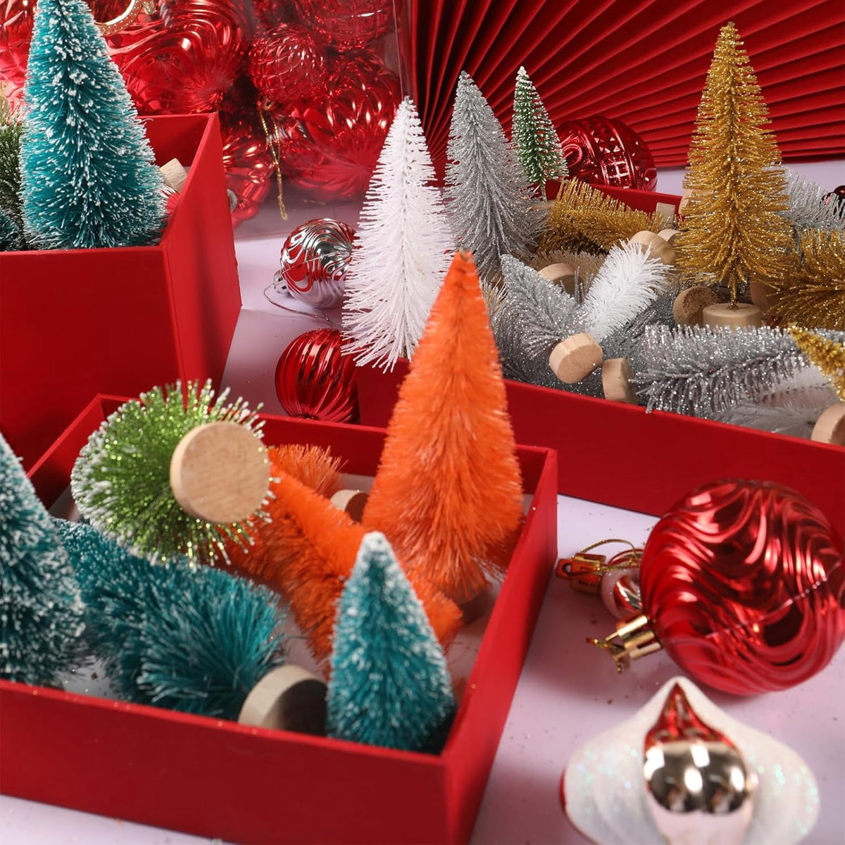 8 Pcs Artificial Mini Christmas Trees, Miniature Pine Trees Sisal Trees with Wood Base Tabletop Christmas Tree for Christmas Xmas Holiday New Year
