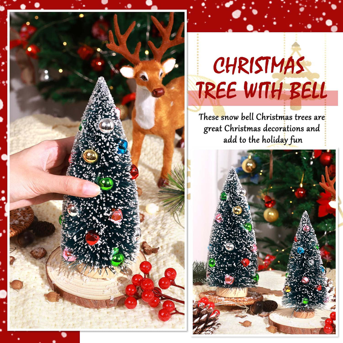 Ayieyill 9Pcs Mini Christmas Trees Christmas Decor Artificial Christmas Decorations with 4 Sizes, Christmas Tree Bottle Brush Trees Christmas Table Decorations (Pink+White)