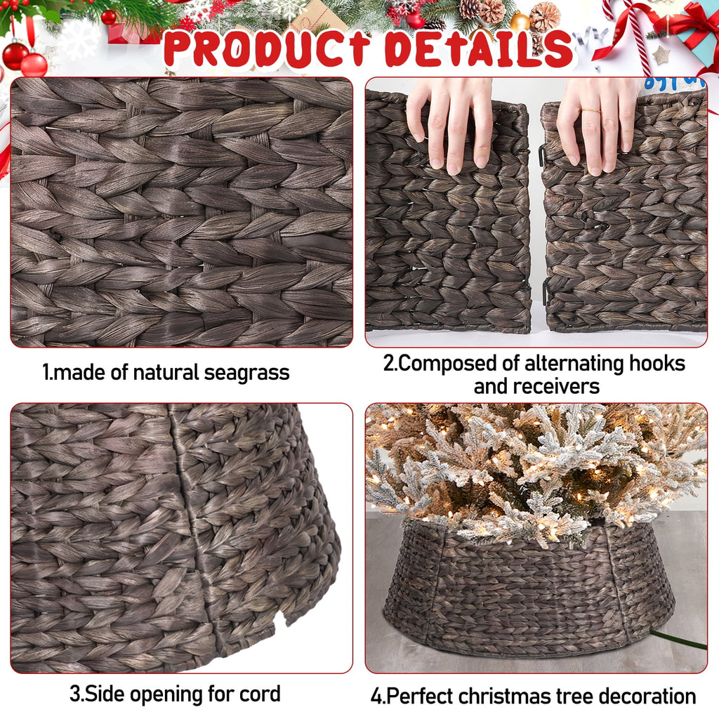 Ayieyill 26in Woven Hyacinth Christmas Tree Collar, Christmas Tree Decorations, Tree Skirt Accessory w/ Cord Cut-Out | Natural