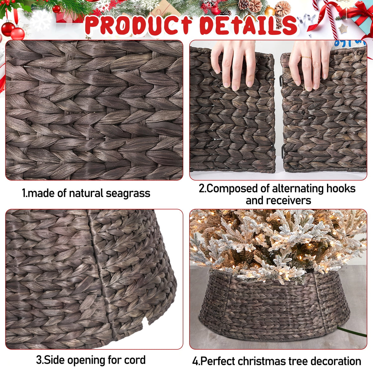 Ayieyill 26in Woven Hyacinth Christmas Tree Collar, Christmas Tree Decorations, Tree Skirt Accessory w/ Cord Cut-Out | Black