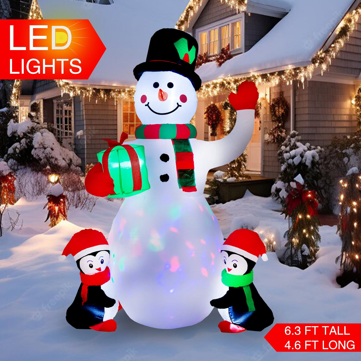 Yexmas 6.3 FT Christmas Inflatable Snowman with Penguins and Gift Box, Rotating LED Lights, Outdoor Christmas Blow Up Yard Decoration