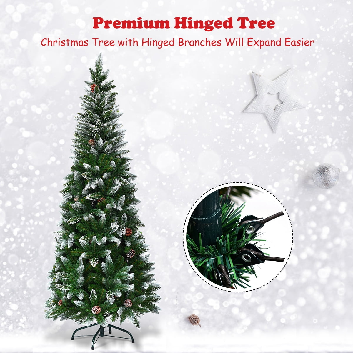 Gymax 5ft Snow Flocked Pencil Christmas Tree Classic Realistic PVC Needles W/Pine Cones